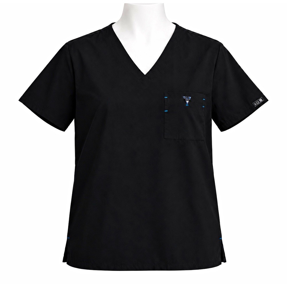 ] KOI Basics Scrub Top Size Medium Black V Neck Short Sleeve Chest Pocket[A6]